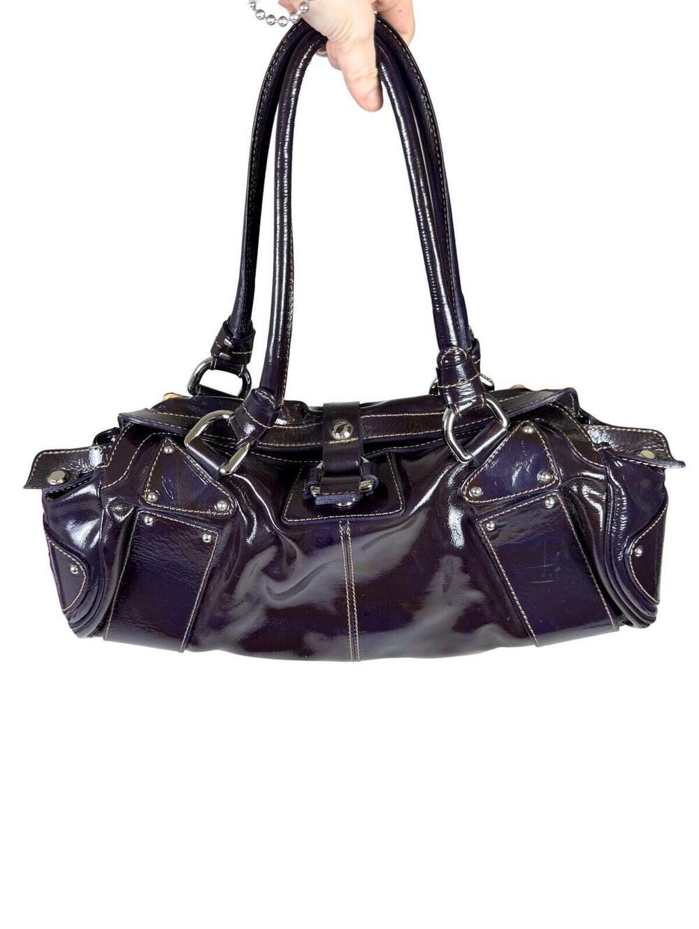 Nicoli Patent Leather Slouchy Shoulder Bag Deep Plum Purple Y2K Satchel Purse